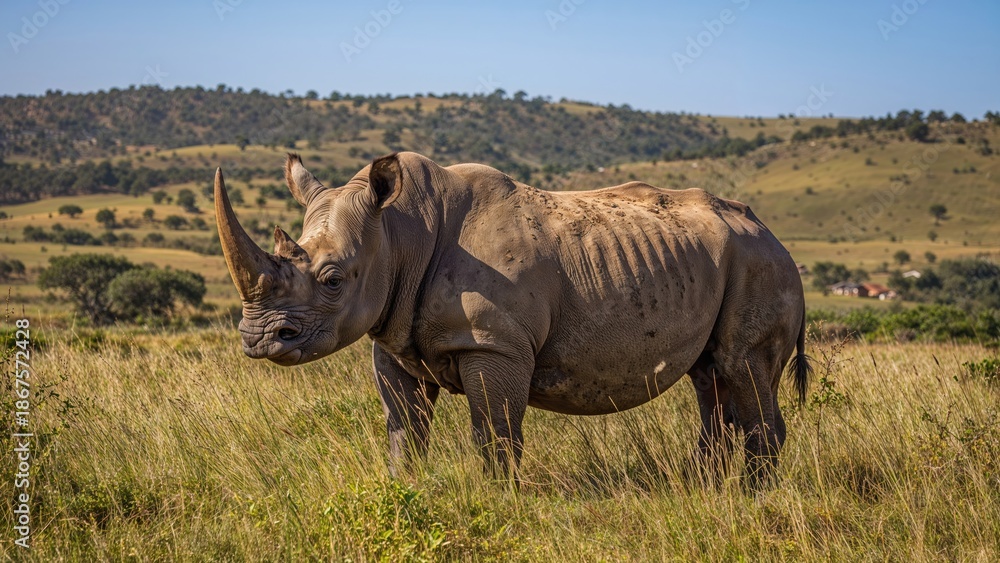 Obraz premium A rhinoceros in a grassland landscape.