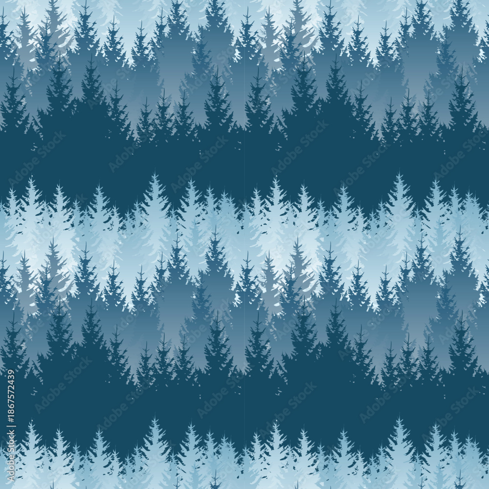 Fototapeta premium Blue pine tree forest silhouette seamless pattern for winter nature backgrounds