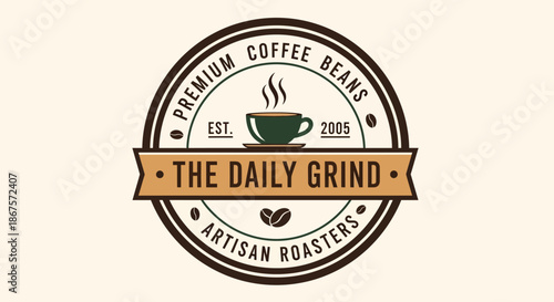 Vintage badge logo for coffee shop or cafe with premium coffee beans and artisan roasters with coffee logo and coffee culture and branding and marketing