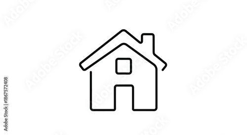 A simple line drawing of a house with a chimney and a square window on a white background with home and building and architecture and icon and illustration