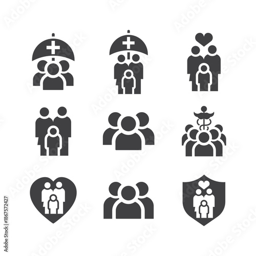 Family healthcare protection icon set for medical insurance safety and wellness concepts
