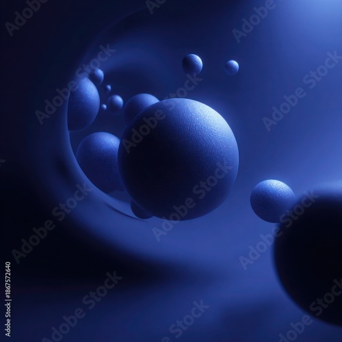 Minimal Abstract Orbs in Dark Blue Environment Visual metaphor for connectivity, data flow, and multidimensional thinking through floating spherical forms.
