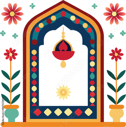 Islamic Prayer Rug with Floral and Lantern Decorations on white.