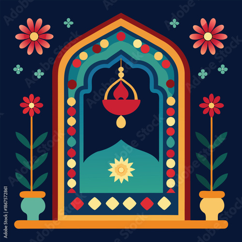 Islamic Prayer Rug with Floral and Lantern Decorations.