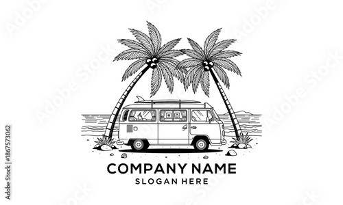 Vintage Van with Surfboard Parked Between Palm Trees on a Beach.