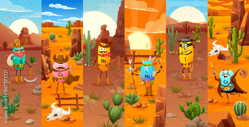 Cartoon vitamins or micronutrients cowboy, sheriff and rubber bandit vector characters in a desert landscape. Funny K, Cu, brave Na and Mn, I and Ca native characters. Children health, kids nutrition