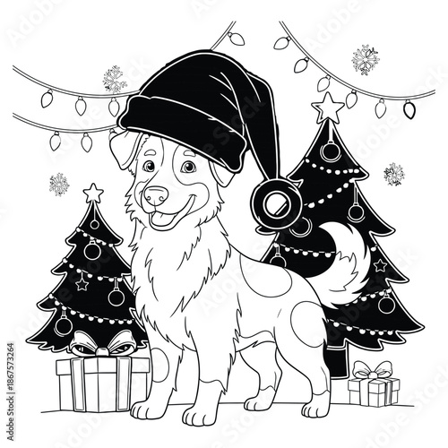 Cute Christmas Dog Illustration with Santa Hat, Holiday Trees and Presents – Festive Cartoon Coloring Style Artwork