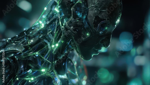 Close-up of a futuristic, metallic humanoid robot.  Visible internal wiring and glowing emerald-green lights