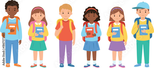 School children vector illustration set showing diverse students with backpacks and books education concept isolated