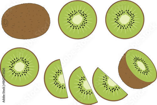 Kiwi fruit vector illustration set showing whole kiwi slices halves and pieces fresh healthy food isolated