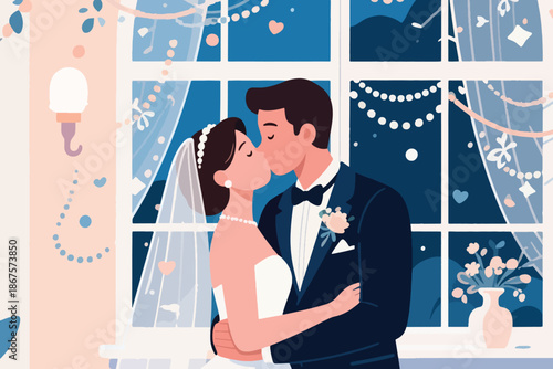 Bride and groom kissing by window with string lights, heart decor, and romantic night sky.