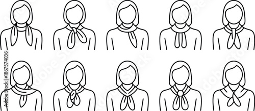 Illustrations of women wearing different scarves and head wraps in various styles
