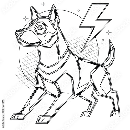 Futuristic Geometric Robot Dog Illustration with Lightning Bolt and Tech Elements – Modern Line Art Drawing for Coloring Pages and Digital Design