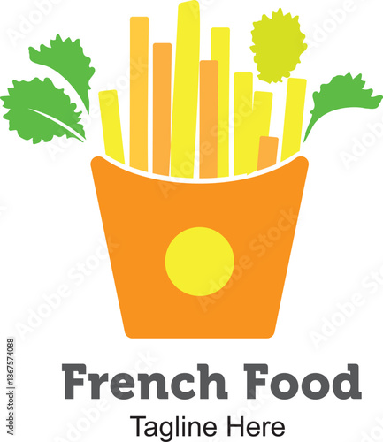 French fry logo design in a paper box, minimalist vector icon for fast food restaurant, snack bar, and takeaway branding.