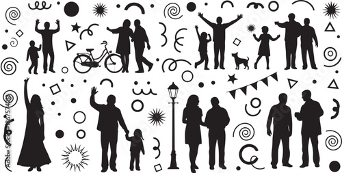 Silhouettes of happy people in various joyful settings together