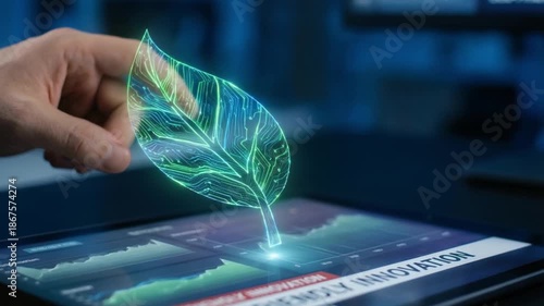 innovation driven efficiency model concept. Digital hand touching a holographic leaf on a tablet screen.