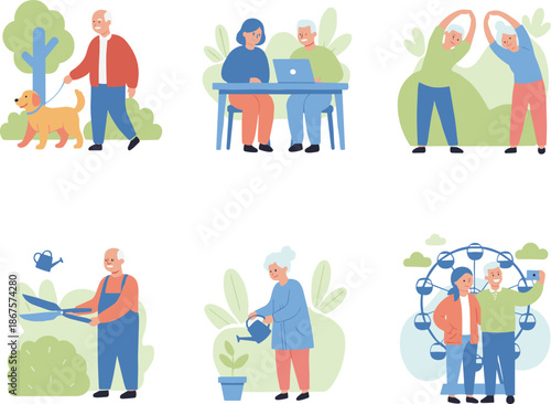 Active seniors lifestyle vector illustration set showing elderly people walking working exercising gardening and enjoying leisure activities