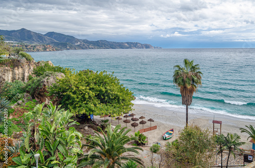 Aerial view of the coast in the town of Nerja, southern Spain