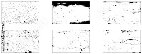 Set of six Black and white grunge. Distress overlay texture. Surface dust and rough dirty wall background concept. Distress illustration