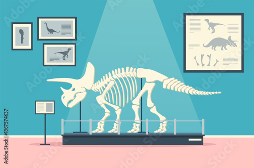 Empty museum of paleontology with dinosaur skeletons in flat style.  Ancient archeology science exhibition. Vector stock