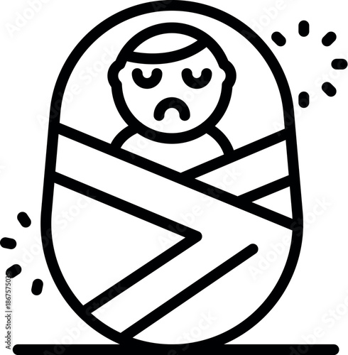 Baby wrapped in swaddling clothes is suffering from colic, crying and showing discomfort