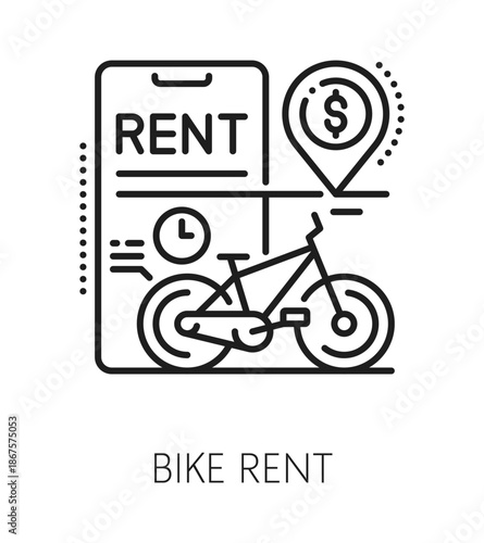 Bike transport, bicycle rent service line icon or pictogram. Bicycle transport rental service line sign, urban cycling vector pictogram. Public transportation icon with smartphone and navigation pin