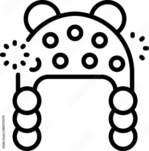 Black and white icon of a baby rattle toy featuring bear ears and multiple holes, emitting a bright shine