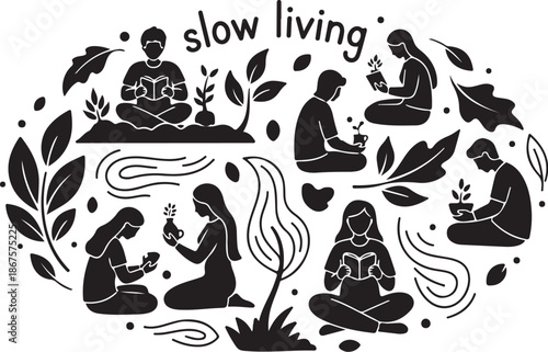 Slow living concept with people meditating in nature