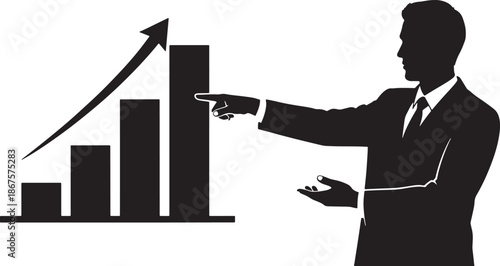 Businessman pointing to rising bar graph in professional setting
