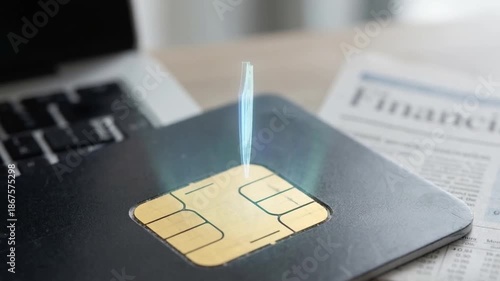 innovation driven efficiency model concept. Digital security concept with a SIM card and shield graphic on a laptop.