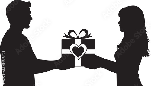 Couple Exchanging Gift Box with Heart Silhouette