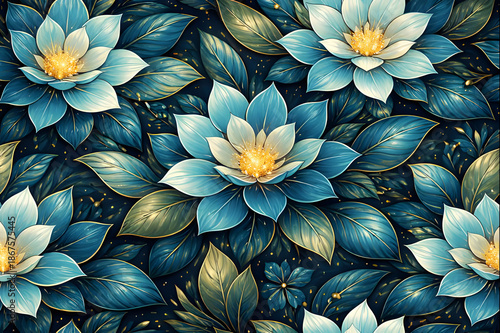 Blue and White Floral Pattern with Golden Centers on Dark Background flowers petals