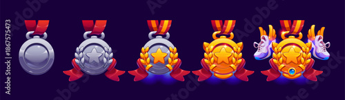 Athletics game rank badge, sport award. Vector set of cartoon game reward medals with stars, ribbons, laurels and running shoes. Silver and gold achievement ui icons for player competition ranking