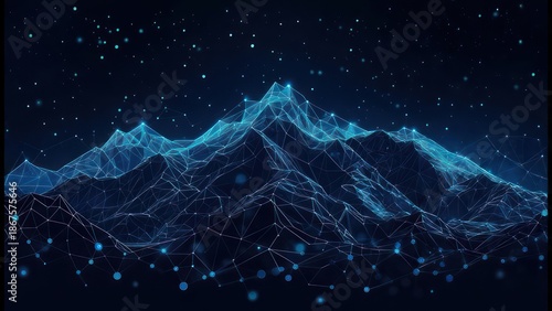 Dark mountain range, digital art, glowing lines, points