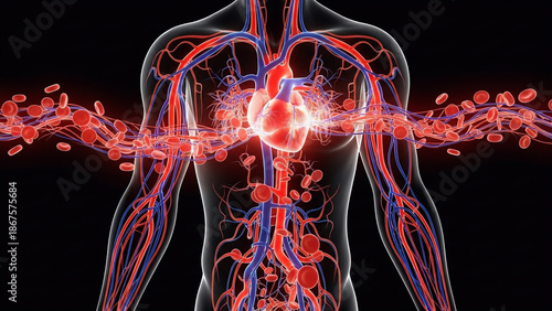 3D Illustration of Human Cardiovascular System with Glowing Heart and Blood Vessels Circulation Anatomy