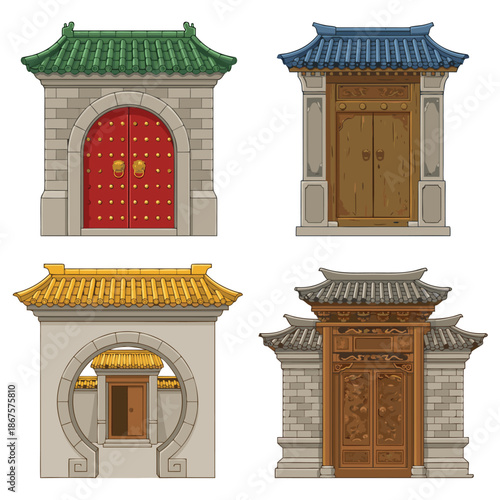 Collection of Traditional Chinese Gates and Entrances.