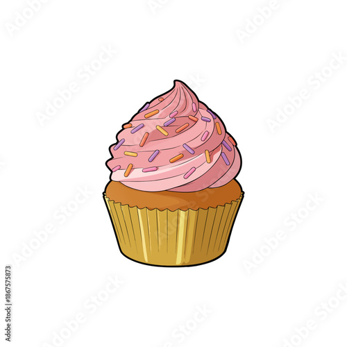 A mouthwatering cupcake with pink frosting and sprinkles, perfect for bakery ads or dessert blogs