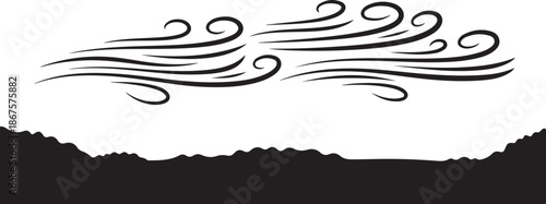 Black wind swirls over mountain silhouette landscape