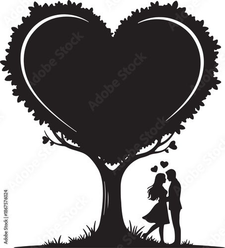 A romantic vector illustration featuring a cartoon couple in love sharing a heart symbol for a Valentine's Day wedding card design