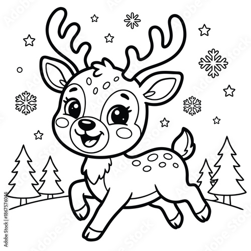 Cute cartoon reindeer with snowflakes and Christmas trees.
