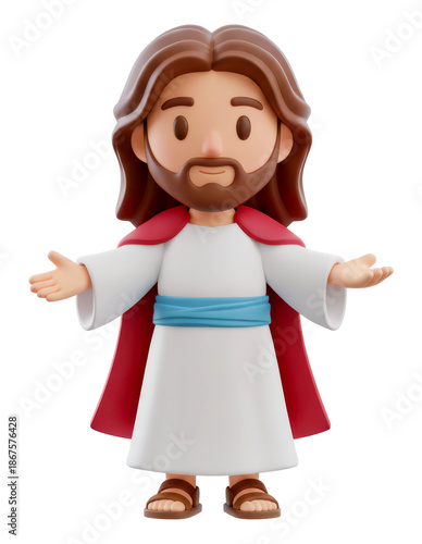 3d Cartoon Jesus Christ Standing With Open Arms wearing red cloak and blue sash while smiling to show love and mercy for christian religion or bible story concept.