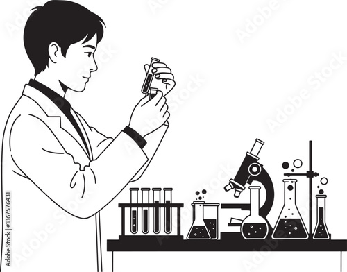 A smiling lady scientist in a laboratory glass chemistry illustration