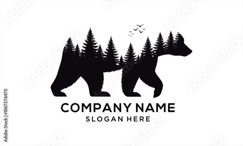 Bear and forest trees double exposure silhouette logo design.