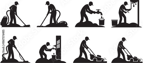 Silhouette of man performing various construction tasks and activities