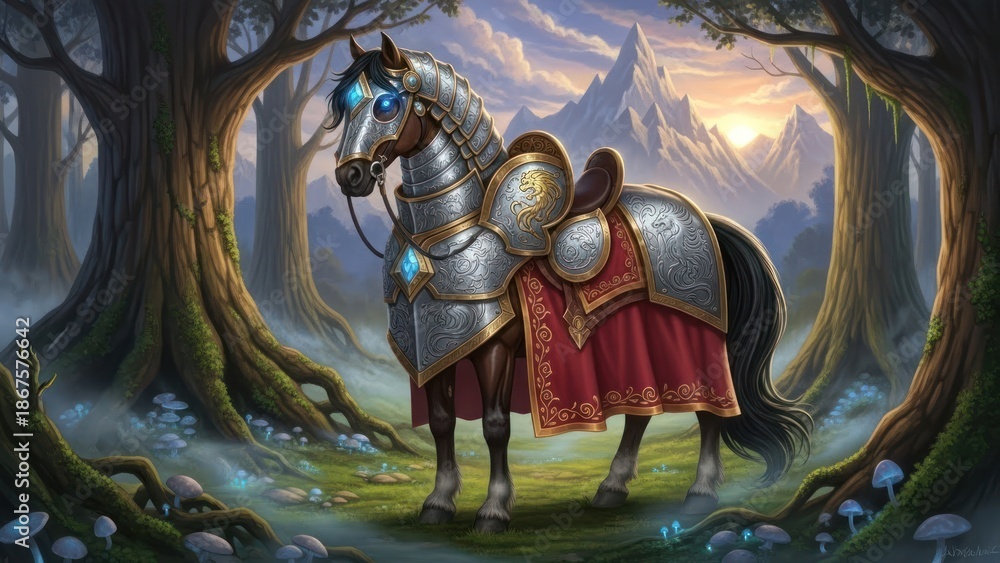 Fototapeta premium Fantasy armored horse in a mystical forest setting with mountains in background