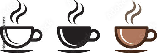 Set of three coffee cups with steam illustrations simple graphic icons flat design