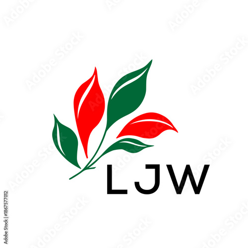 Modern Nature Inspired Logo with Red and Green Leaves, LJW Later Logo, Abstract Botanical Logo with Elegant Typography ,
