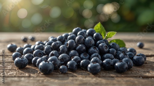 Wallpaper Mural Fresh blueberries with green leaves on a wooden surface. Torontodigital.ca