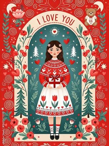 I Love You Valentine Card Illustration Of A Girl Holding Gift