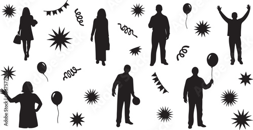 Silhouettes of people celebrating a party with balloons
